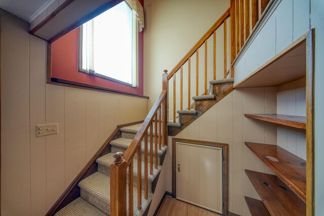 stairway with hardwood / wood-style floors