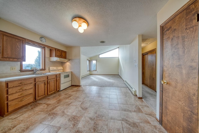 kitchen with a textured ceiling, baseboard heating, light colored carpet, white electric stove, and sink