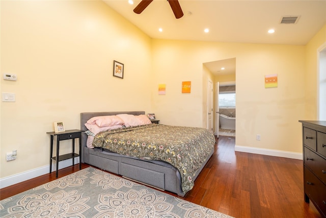 bedroom featuring ceiling fan, vaulted ceiling, and dark hardwood / wood-style floors