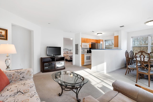 carpeted living room with electric panel