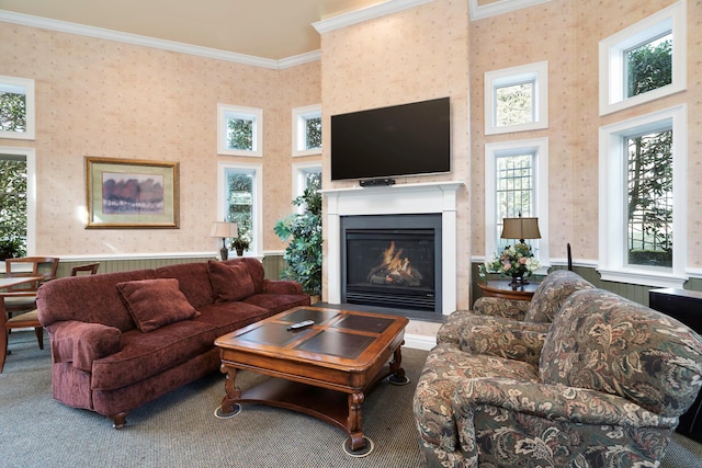 living room with a high ceiling, ornamental molding, and carpet