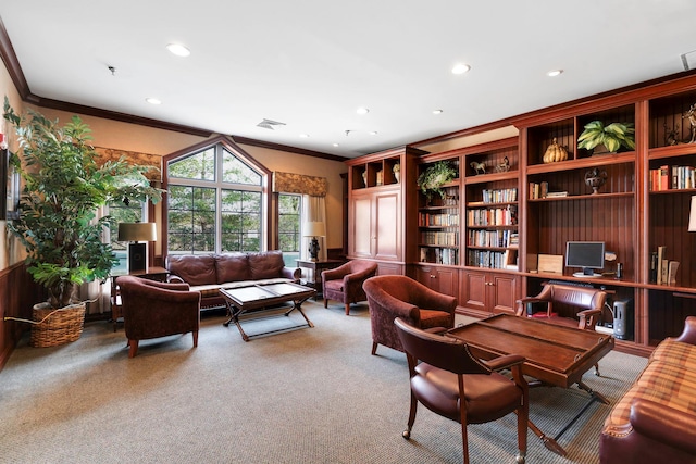 carpeted home office featuring ornamental molding