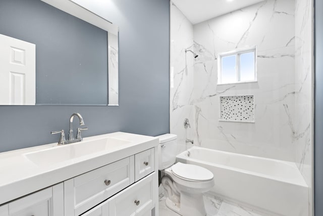 full bathroom with vanity, tiled shower / bath combo, and toilet