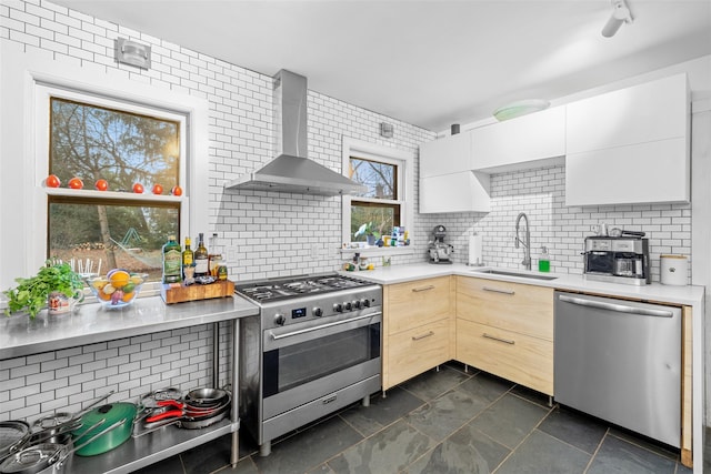 kitchen featuring white cabinets, wall chimney range hood, sink, decorative backsplash, and stainless steel appliances