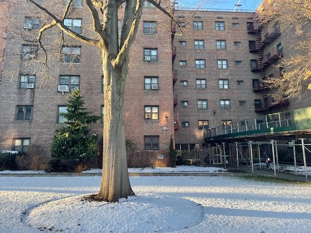 view of snow covered building