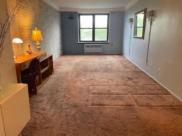 87-10204 204 Steet Unit A-62, Hollis, NY 11423 - unfurnished living room featuring radiator heating unit, light colored carpet, and brick wall