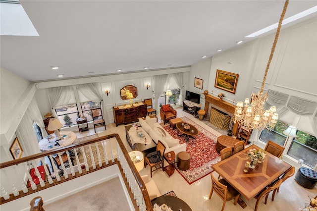 living room featuring a notable chandelier