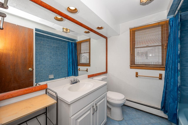 full bathroom with toilet, vanity, shower / tub combo, and a baseboard heating unit