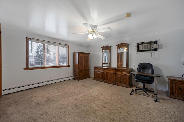 office with a wall mounted air conditioner, light carpet, a baseboard radiator, and ceiling fan