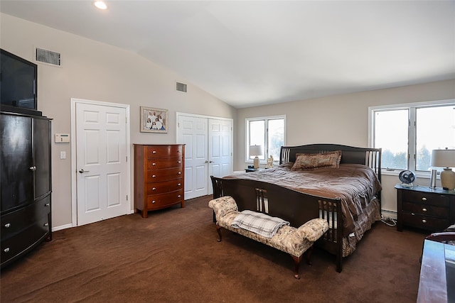 bedroom featuring dark carpet, lofted ceiling, and multiple windows