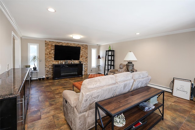 living room featuring a stone fireplace, crown molding, and a baseboard heating unit