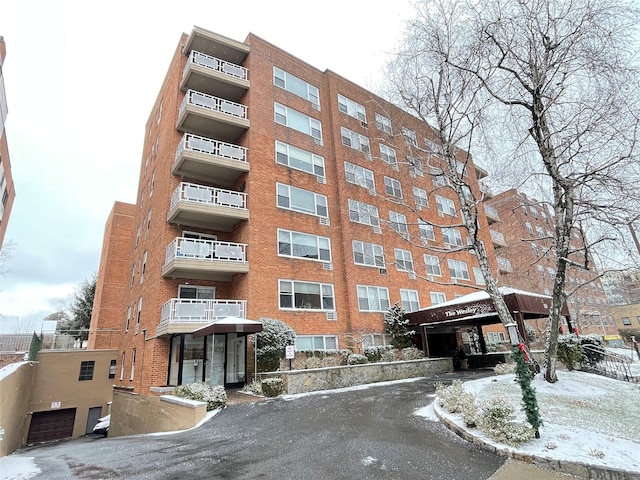 view of snow covered building