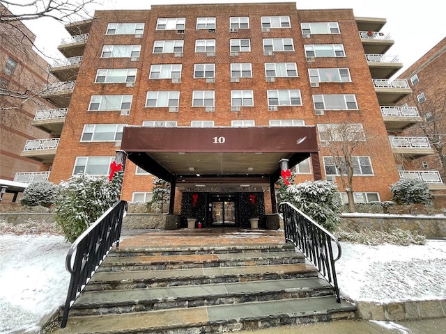 view of snow covered building