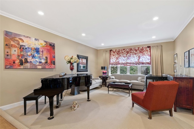 sitting room featuring ornamental molding, recessed lighting, and light colored carpet