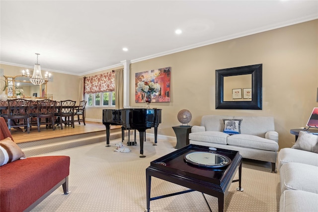 carpeted living area featuring baseboards, a chandelier, crown molding, and recessed lighting