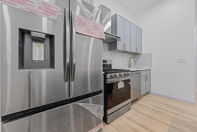 kitchen featuring appliances with stainless steel finishes, light wood-type flooring, tasteful backsplash, gray cabinetry, and wall chimney range hood