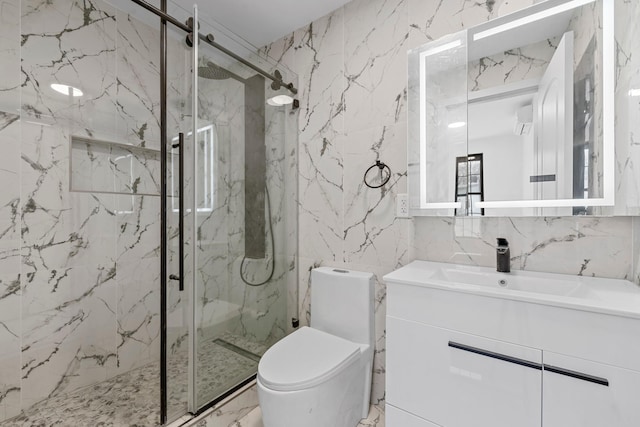 bathroom featuring an enclosed shower, toilet, decorative backsplash, vanity, and tile walls