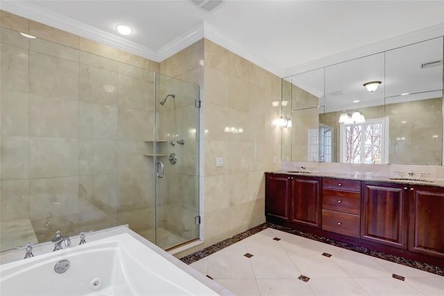 bathroom featuring independent shower and bath, vanity, ornamental molding, and tile patterned flooring