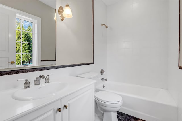 full bathroom with  shower combination, toilet, and vanity