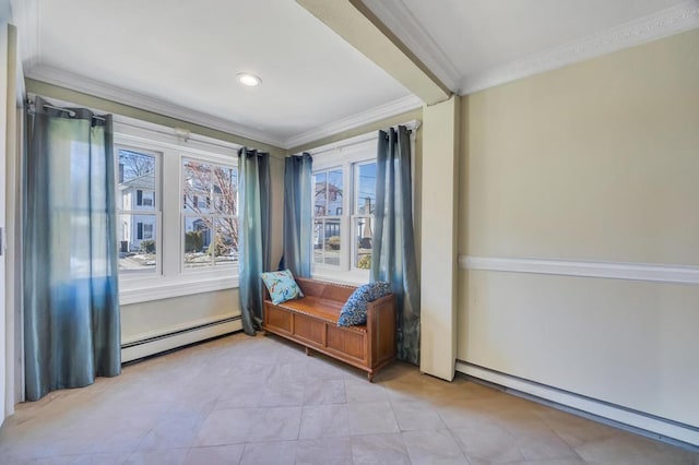 interior space featuring crown molding and baseboard heating