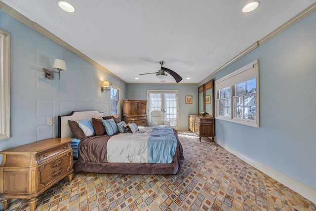 bedroom featuring crown molding, french doors, and ceiling fan