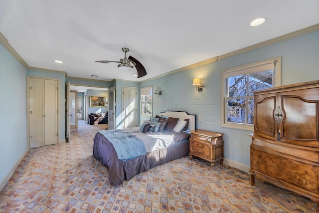 bedroom with ceiling fan, ornamental molding, and multiple windows