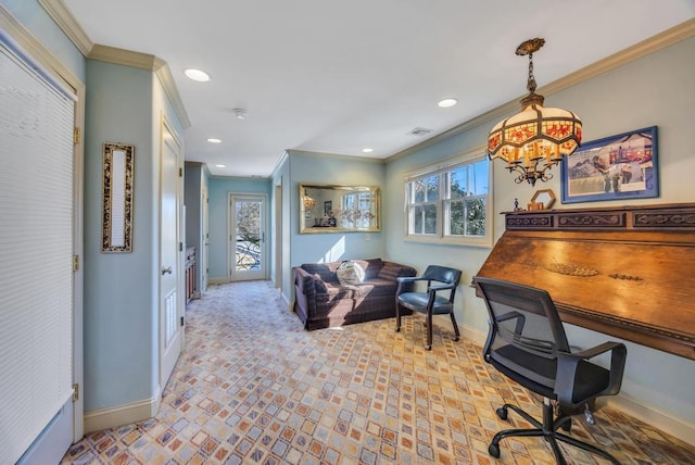 office area with ornamental molding and plenty of natural light