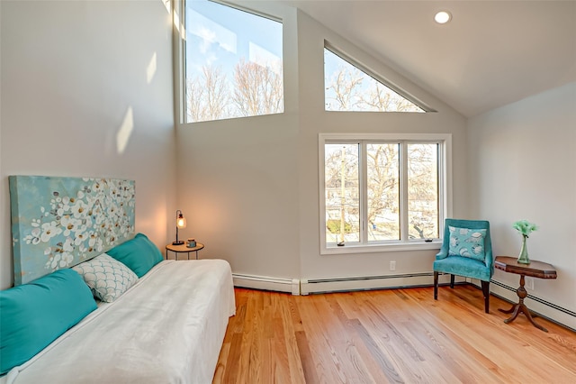 interior space featuring high vaulted ceiling and light hardwood / wood-style flooring