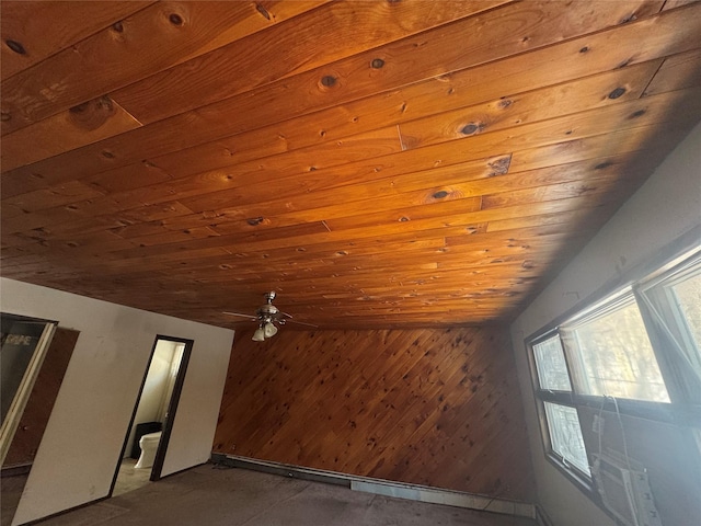 additional living space featuring wooden walls, ceiling fan, and wood ceiling