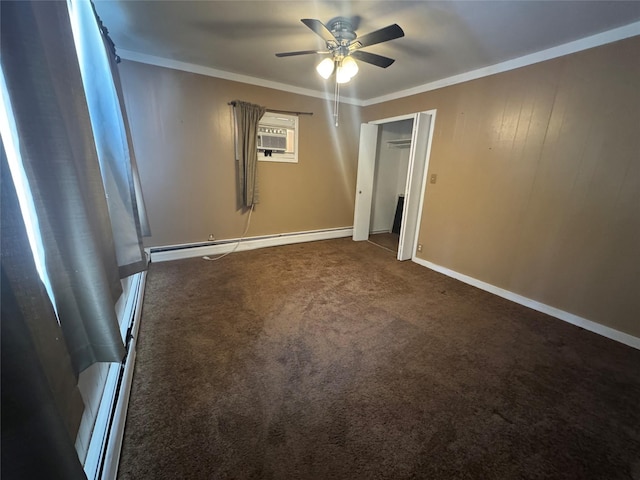 unfurnished room featuring ceiling fan, crown molding, a baseboard radiator, and dark colored carpet