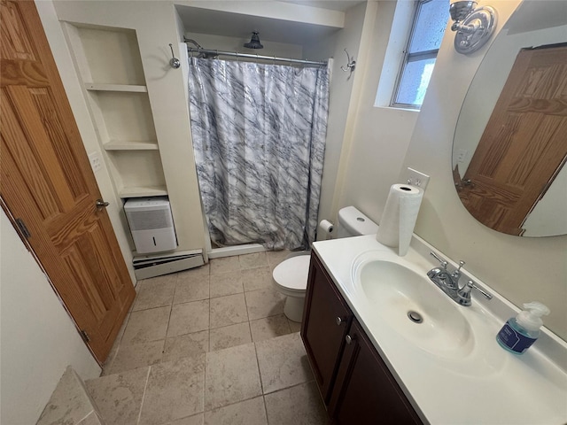 bathroom with baseboard heating, built in features, toilet, vanity, and a shower with shower curtain