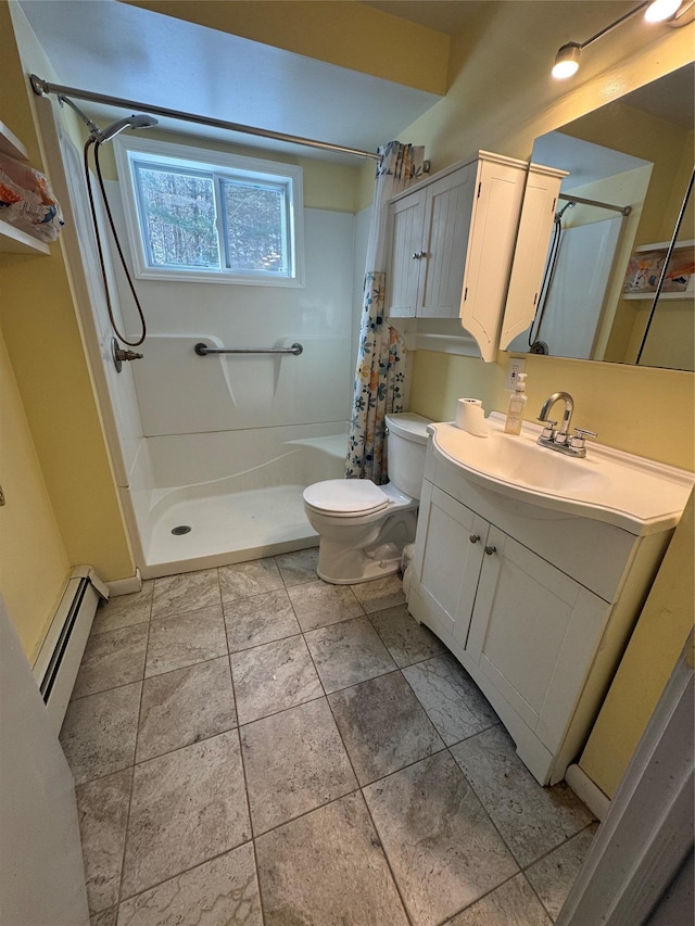 bathroom with a shower with shower curtain, vanity, toilet, and a baseboard radiator