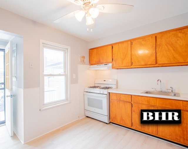 kitchen with ceiling fan, light hardwood / wood-style flooring, sink, and gas range gas stove