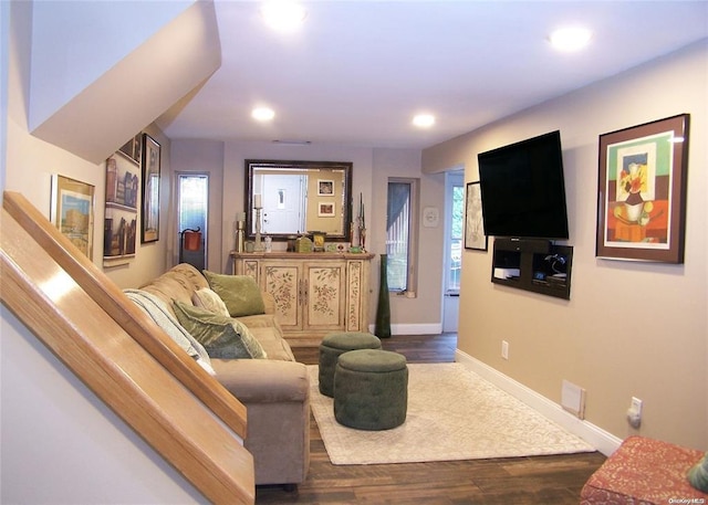 living room with dark wood-type flooring