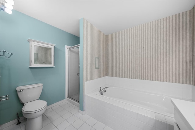 full bathroom with separate shower and tub, tile patterned floors, vanity, and toilet