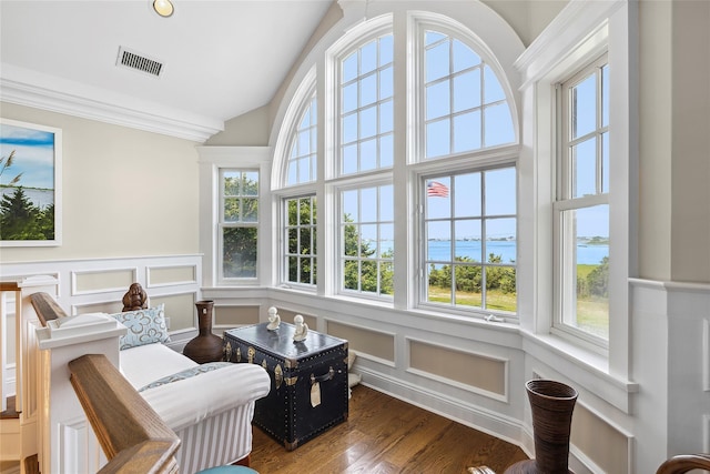 sunroom featuring a water view, a healthy amount of sunlight, and vaulted ceiling