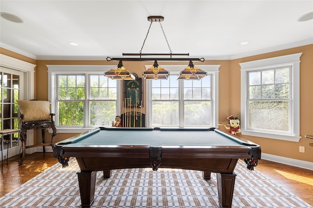 recreation room featuring a wealth of natural light, crown molding, and billiards