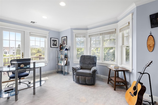 office space with carpet and crown molding