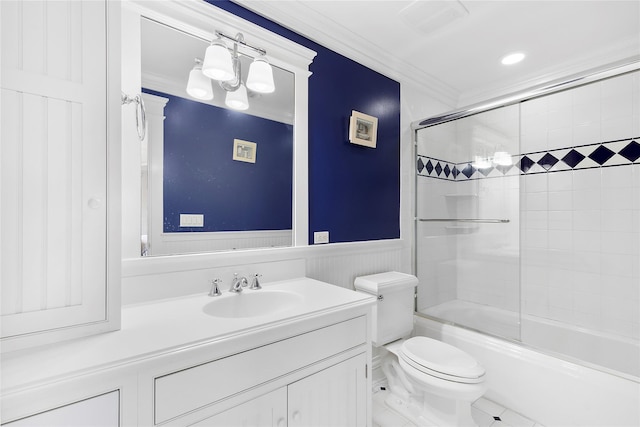 full bathroom featuring tile patterned flooring, crown molding, toilet, and bath / shower combo with glass door