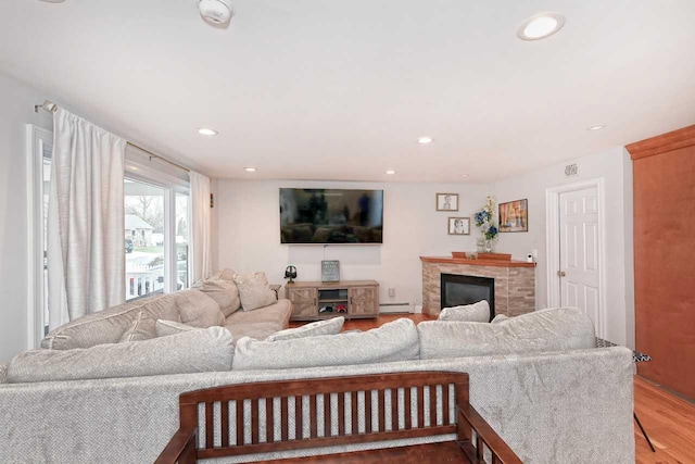 living room with wood-type flooring and a baseboard heating unit