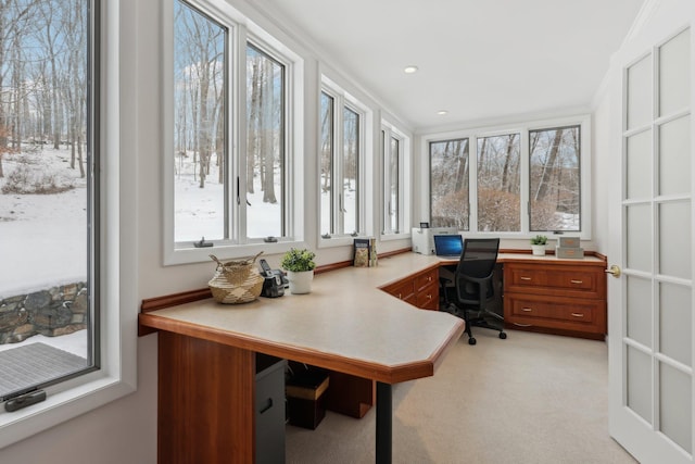 office area featuring light carpet and recessed lighting