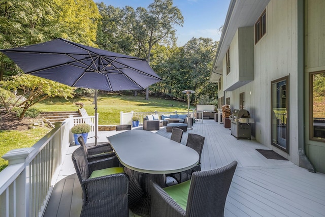 deck featuring outdoor dining area, a grill, and an outdoor living space