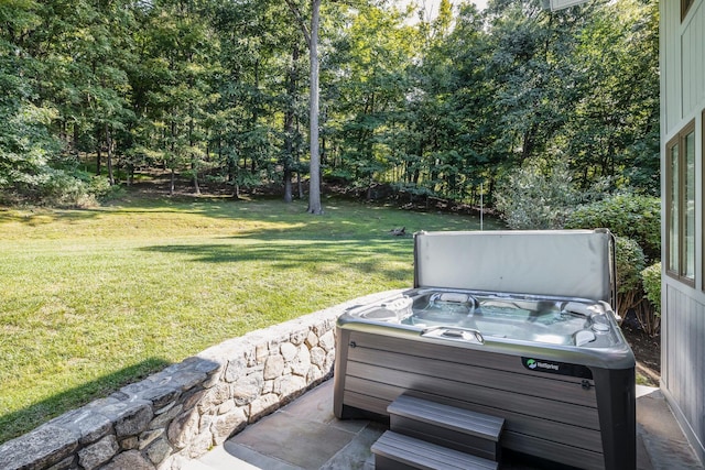 view of yard with a hot tub