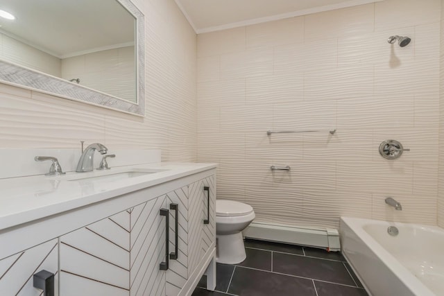 full bathroom featuring vanity, tile patterned flooring, toilet, tile walls, and a baseboard radiator