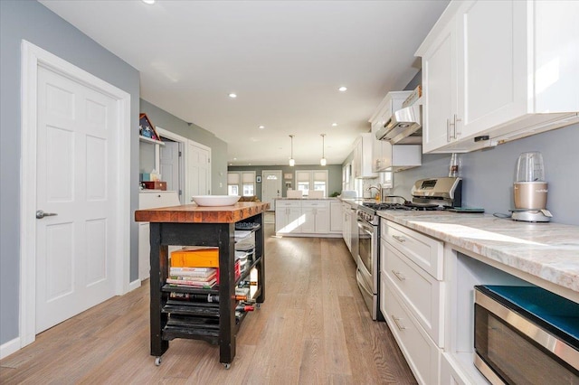 kitchen with white cabinetry, light stone counters, light hardwood / wood-style flooring, decorative light fixtures, and appliances with stainless steel finishes