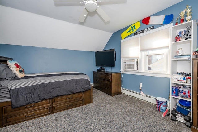 bedroom with carpet, a baseboard radiator, vaulted ceiling, and ceiling fan