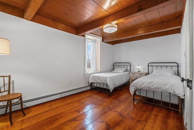 bedroom featuring wooden ceiling, hardwood / wood-style floors, a baseboard heating unit, and beam ceiling