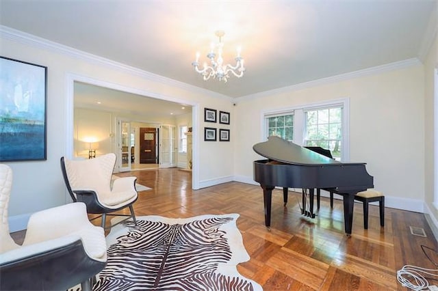 living area featuring parquet floors, crown molding, and an inviting chandelier