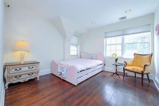 bedroom featuring dark hardwood / wood-style floors and lofted ceiling