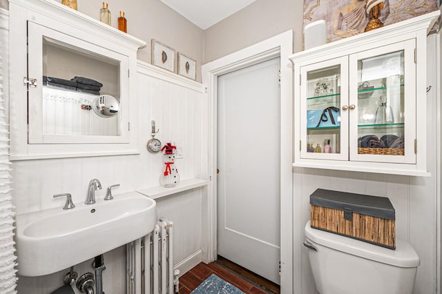 bathroom with toilet, sink, and radiator